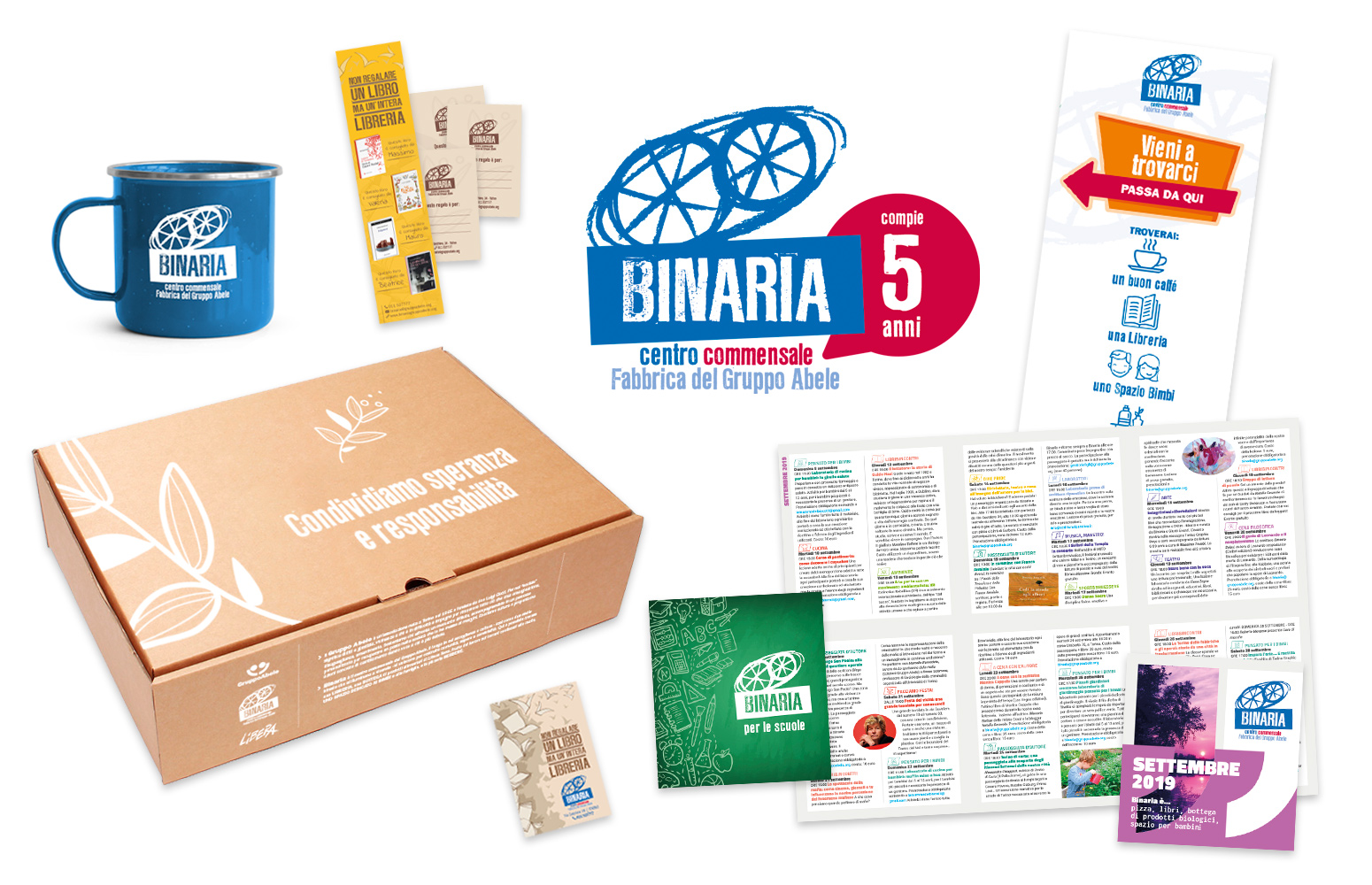 Binaria Centro Commensale del Gruppo Abele - grafica, packaging, flyer, brochure, gadget, segnaletica