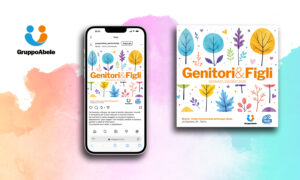 Copertina del programma Genitori e Figli del Gruppo Abele con grafica colorata utilizzata per stampa e social