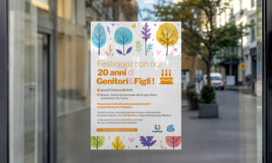 Locandina per i 20 anni del progetto Genitori e Figli con grafica celebrativa colorata